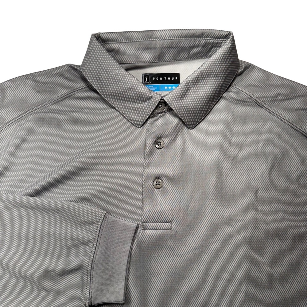 PGA Tour Mens Medium Gray‎ Long Sleeve Golf Polo Shirt Textured ST3747
